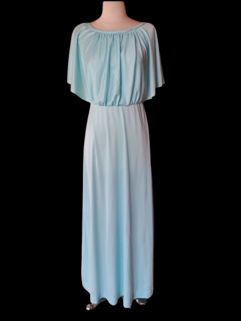 1970s Jerrie Lurie Baby Blue Poly‎ Capelet/Hostess Maxi Gown